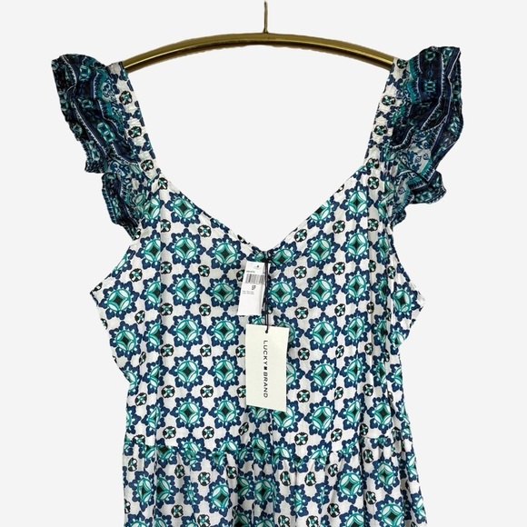 NEW Lucky Brand Ruffle Tiered Maxi Dress Floral Geo Print Cotton Size S Boho - Picture 2 of 14